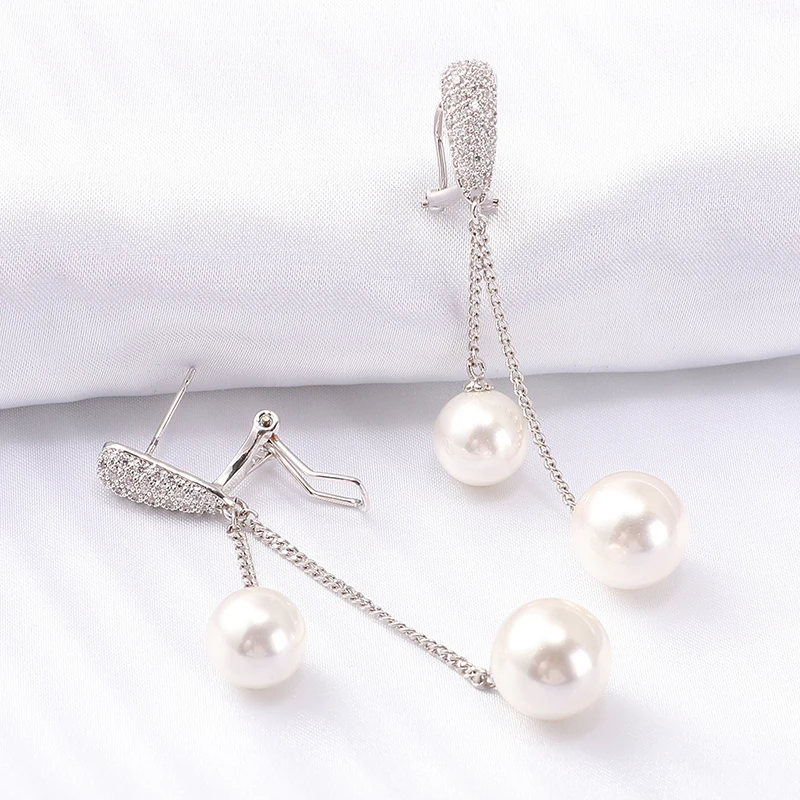 Серьги подвески с двойным жемчугом и цирконом для женщин|Серьги-подвески| |