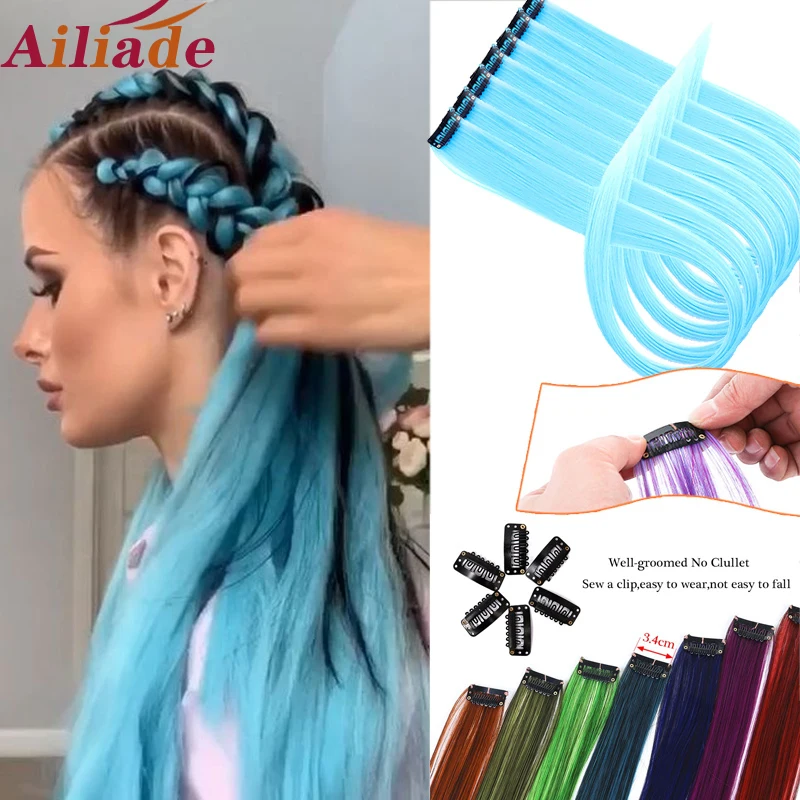 

Цветные пряди для наращивания волос AILIADE, хайлайтер, радужные синтетические Розовые заколки в одном кусочке, длинные прямые шиньоны