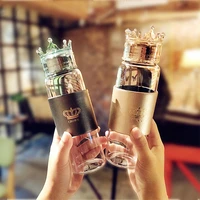 glass water bottle with crown lid black golden portable high borosilicate heat resistant sports water bottle
