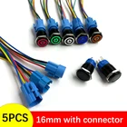 16-миллиметровый черный кнопочный выключатель света, водостойкий, с подсветкой, светодиодный металлический, быстрое переключение 5 В, 12 В, 220 В, 5 шт. с разъемом