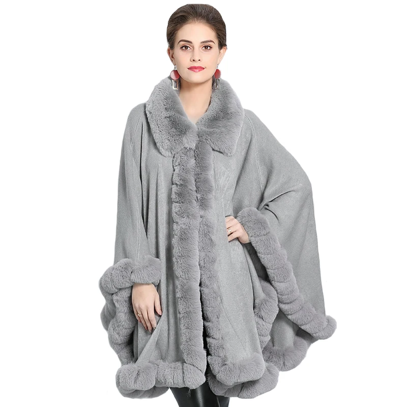 Large Size Rex Rabbit Fur Lapel Cashmere Cardigan Women's Cloak Shawl Loose Mid-length Fashion Cloak Fur Coat Turn-down Collar