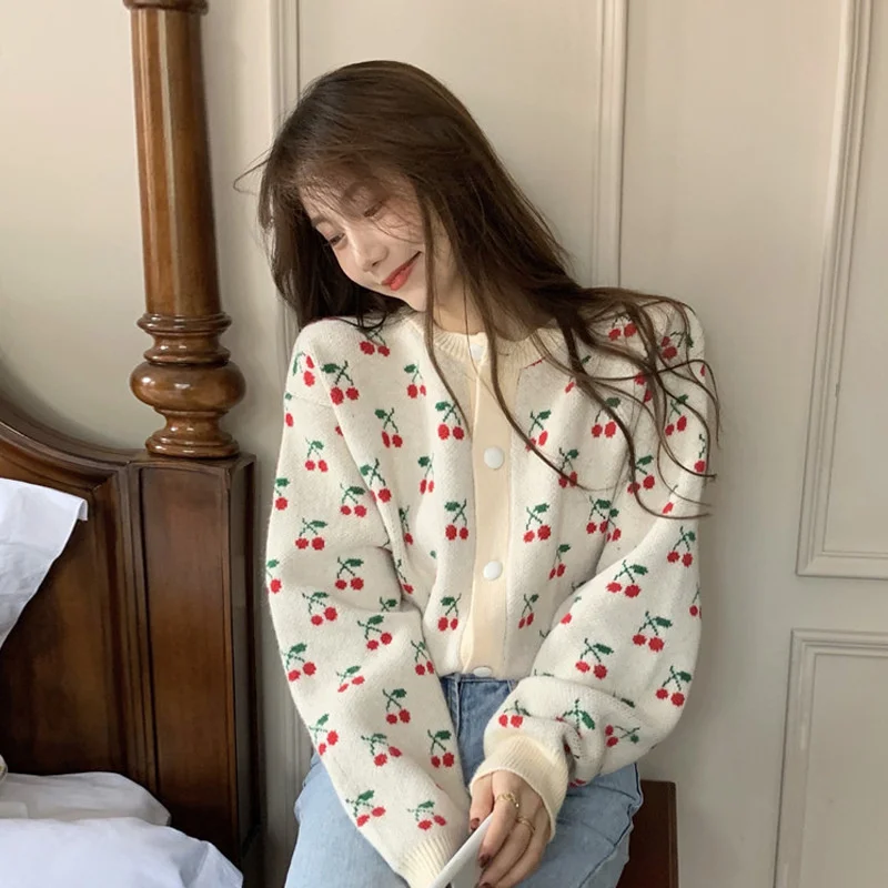 

Sweater women's versatile wear loose knit cardigan new spring and autumn lazy cherry jacquard coat