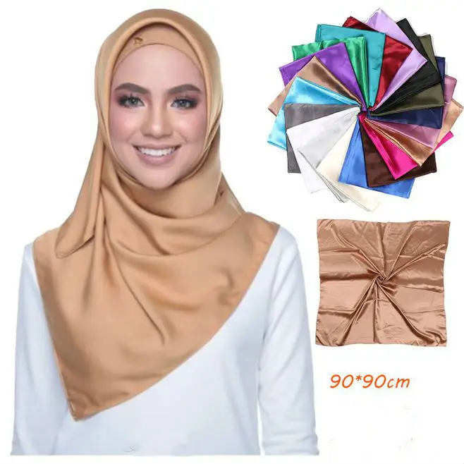 

Solid Color Satin Square Scarves Women Muslim Hijab Headscarf Faux Silk Handkerchief foulard femme musulman Headband 90X90CM