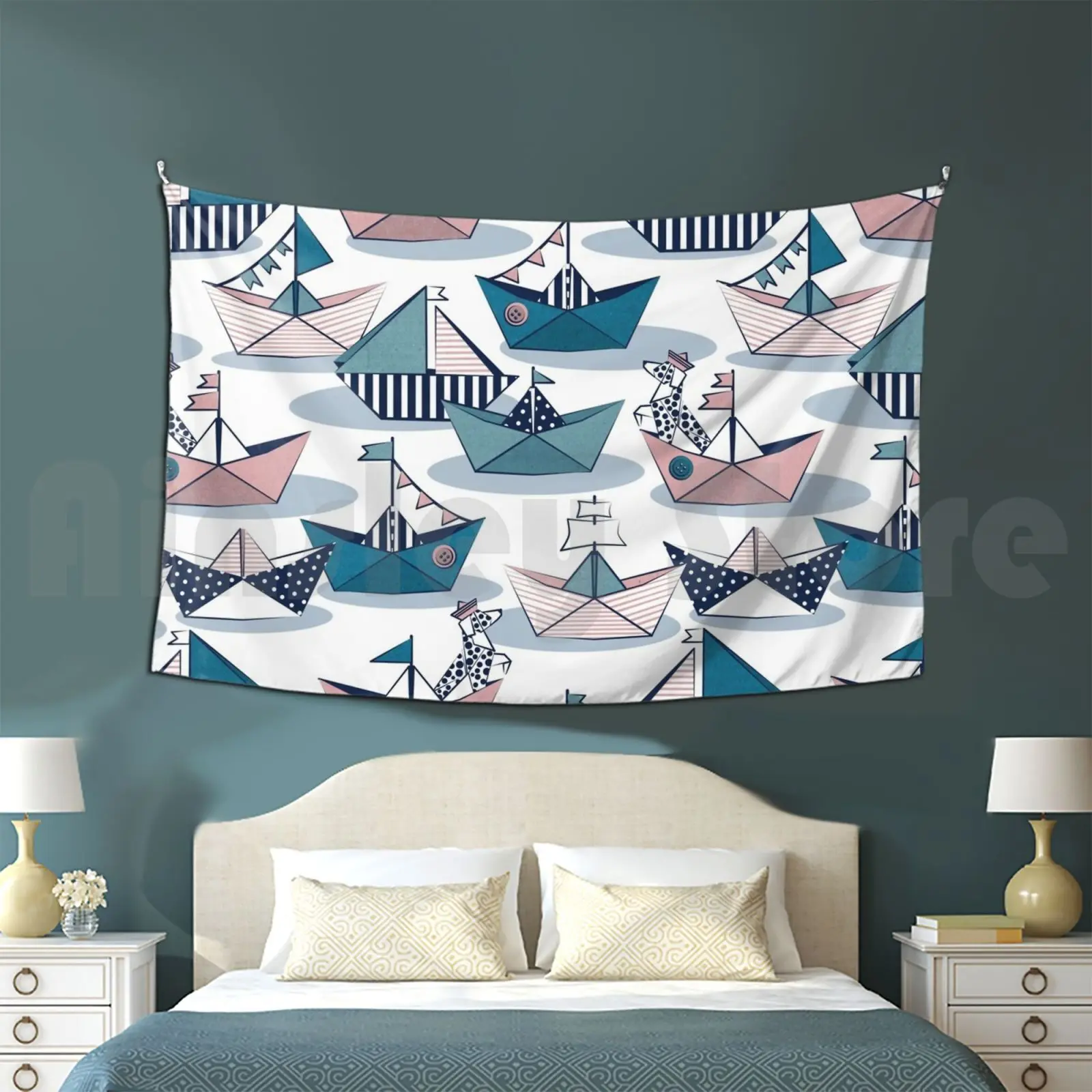 

Tapestry Origami Dog Day At The Lake / / White Background Pink Teal And Blue Origami Sail Boats With Cute Dalmatian