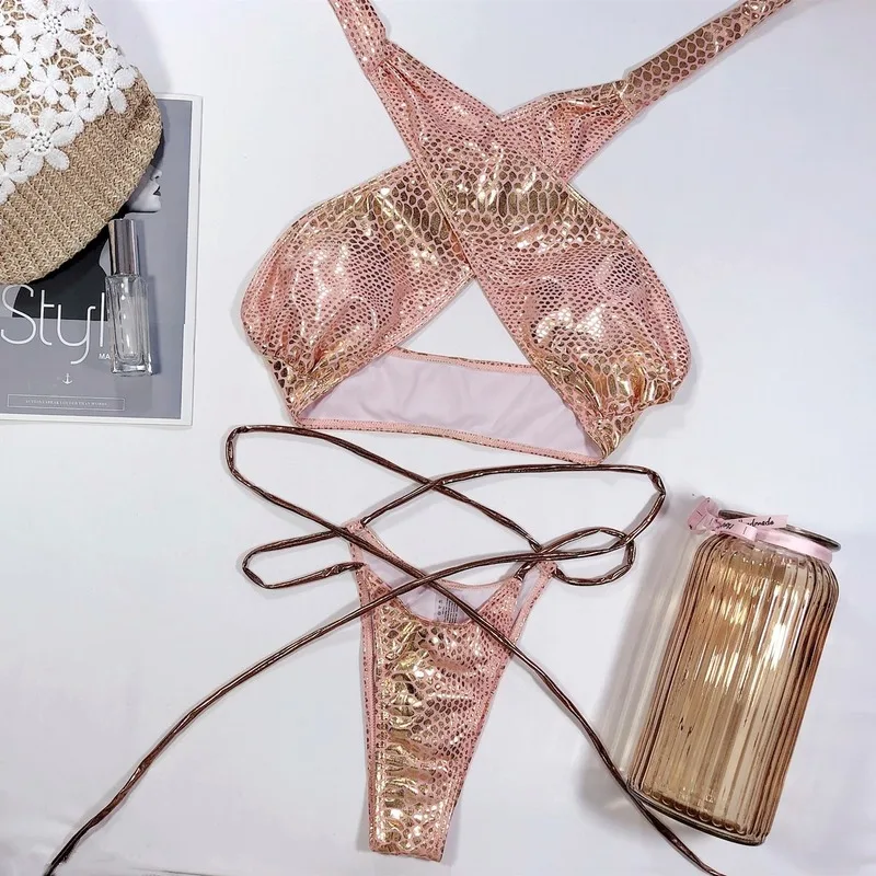 

Sexy Halter Bikini Set 2020 Snake Print Swimsuit Female Gold Swimwear Women Lace Up Bathers Bathing Suit High Cut Biquini New