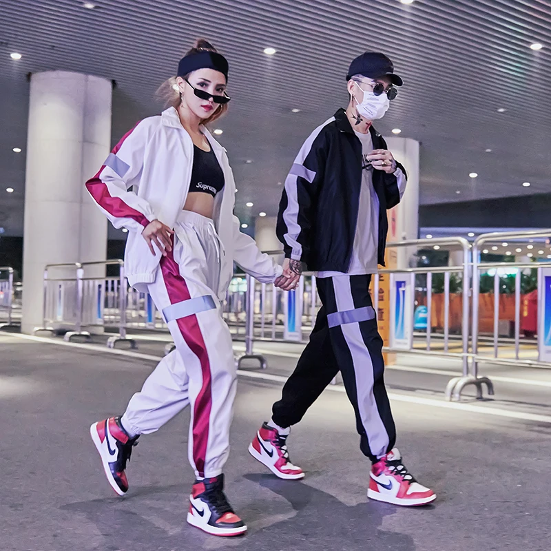 

2021 Hip Hop Men‘s Jacket+Pant Sportwear Sets Men Reflective Stripe Sport Suit Casual Tracksuit Male Couple’s Sweat Suits M-5XL