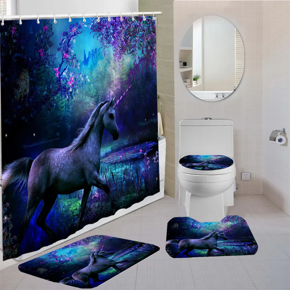 

3D Print Animal Shower Curtains Bath Screens Waterproof Curtains Toilet Lid Cover Bath Rugs Tiger Lion Unicorn Bathroom Set