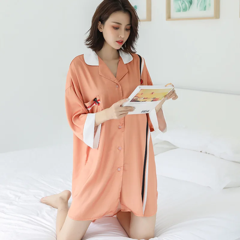 

Nightdress Patchwork Color Sleepwear Satin Women Nightgown Intimate Lingerie Casual Sleepshirt Summer New Home Dressing Gown