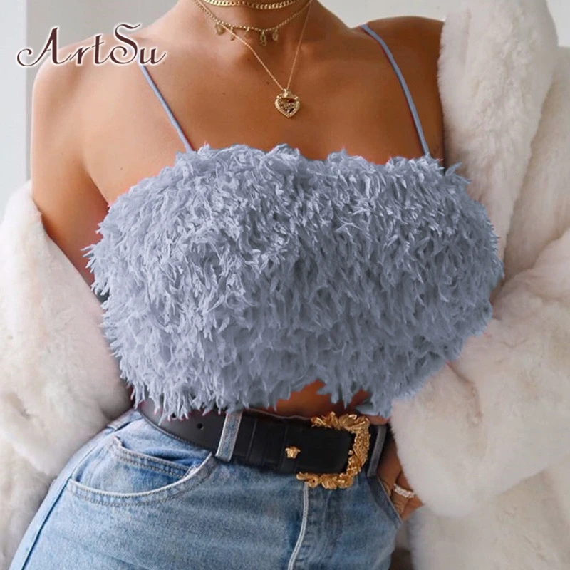 Женский меховой топ на бретельках ArtSu укороченный без рукавов с открытыми