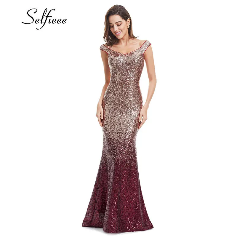 New Gold Sequin Dress Long Elegant Off The Shoulder V Neck Sequined Women Party Dress Sexy Club Dress Vestido Largo De Fiesta