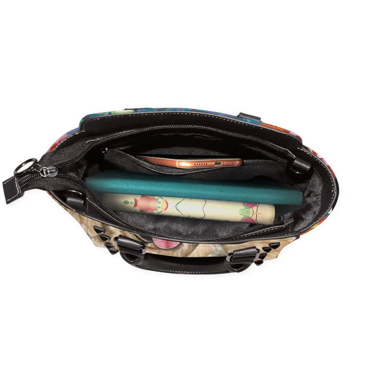 

WHEREISART New Fashion Luxury Women PU Leather Handbags Golden Retriever Dog Print Vintage Rivet Female Ladies Shoulder Bag