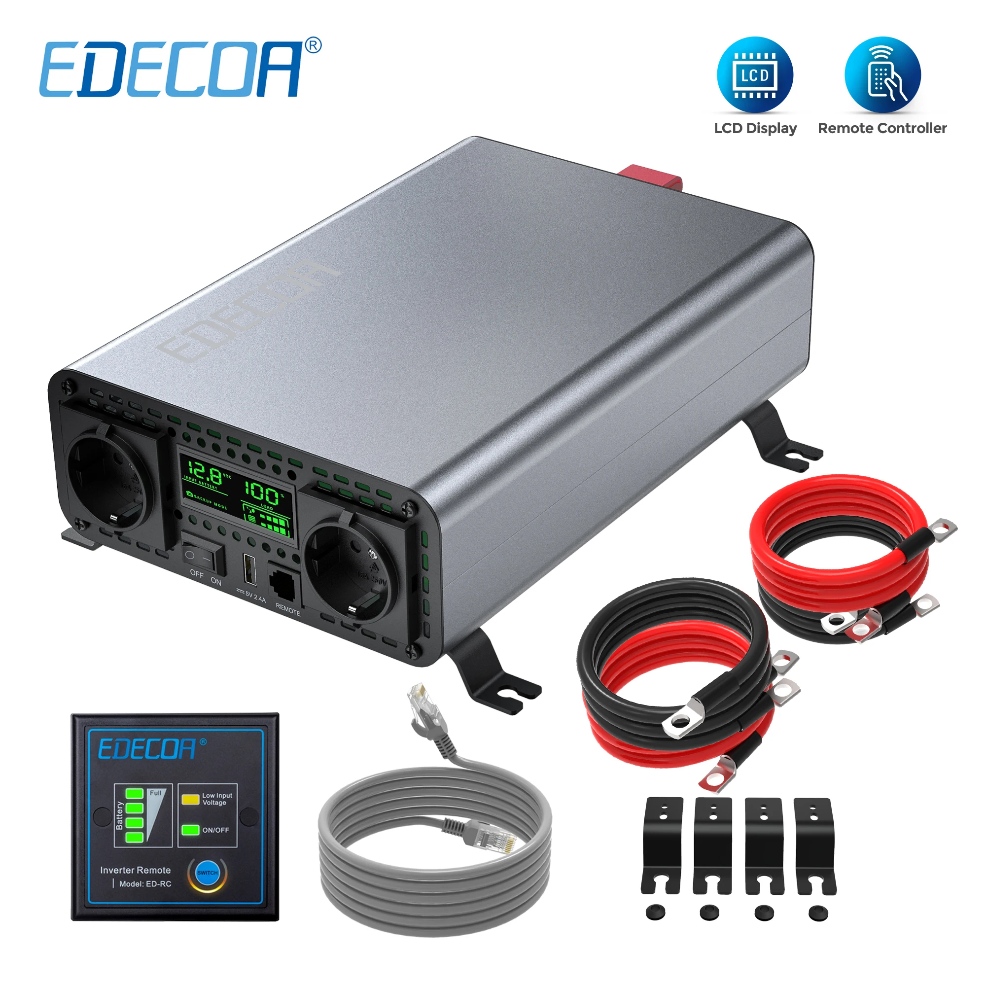 

EDECOA 2000W power inverter DC 12V to AC 220V 230V modified sine wave converter off grid with remote controller lcd display