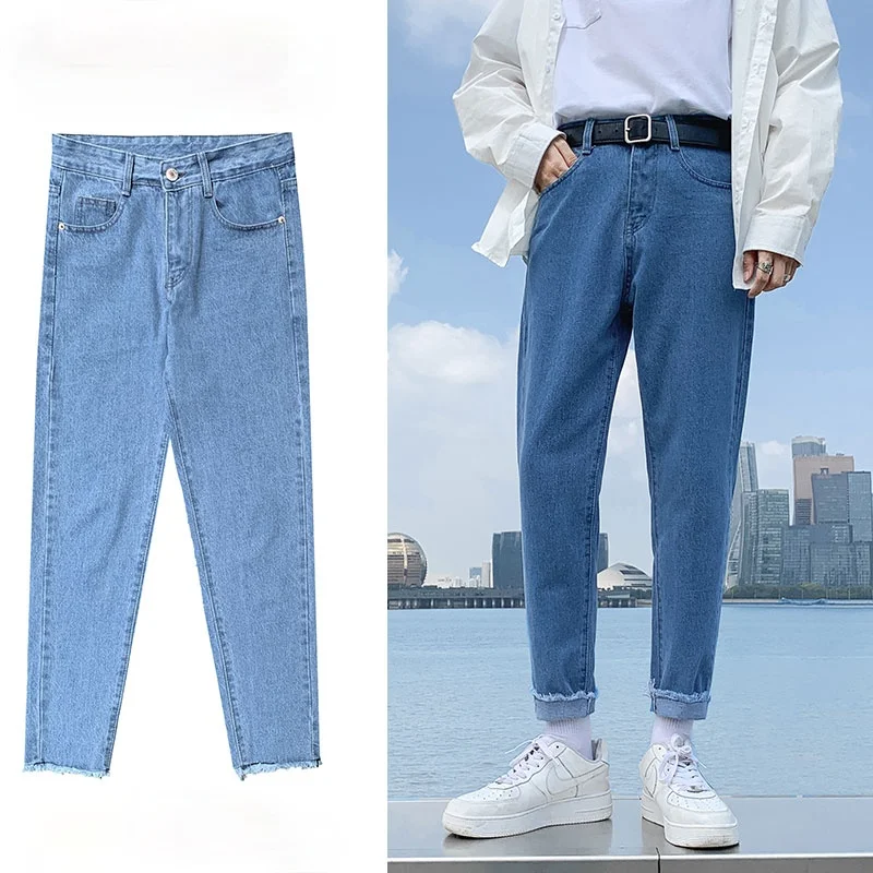 

New 2021 summer fashion slim trousers men's casual pants small feet jeans nine-point pants plus size cotton pants
