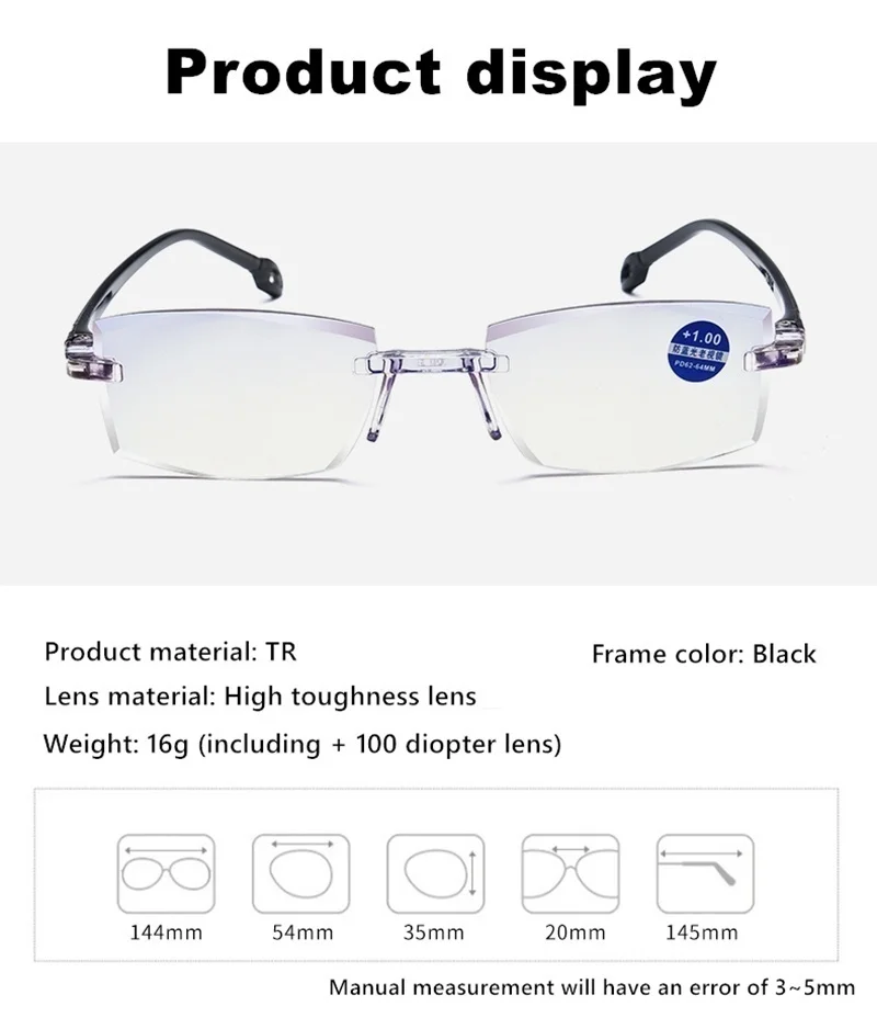 

2021 Men Women Rimless Reading Glasses Anti Blue Light Bifocal Far Near Magnification Eyewear Presbyopic Glasses +150 +200