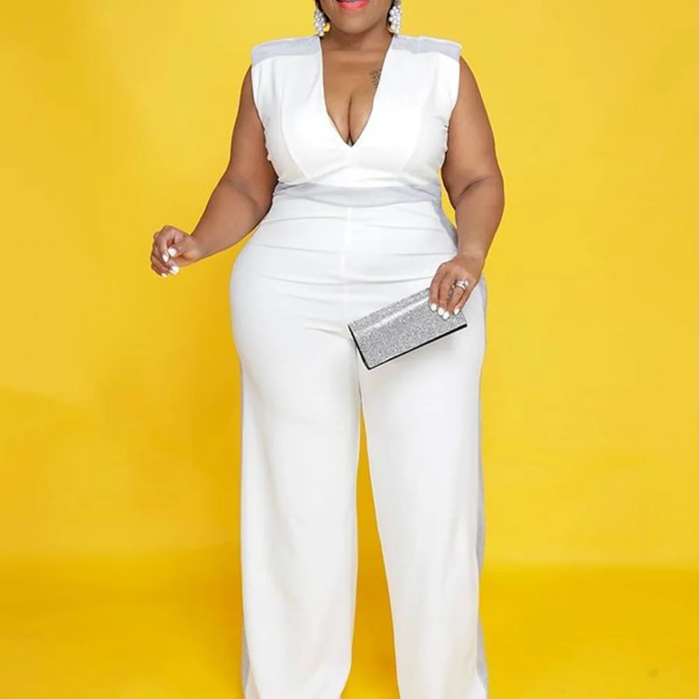 

Sleeveless Women Jumpsuit Plus Curve White Sexy Plunging Neck Wide Legs Long Rompers Lady Summer African One Piece Jumpsuits