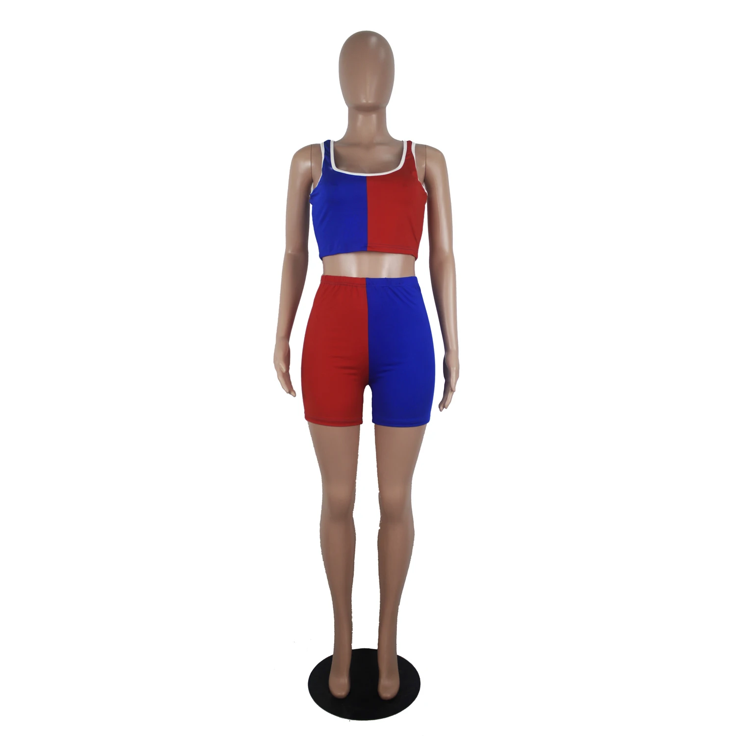 

2021 Summer Women's Set Sleeveless High Waist Two-pieces Casual Tight Contrast Color Suit Low Collar Tops Short Pants Clothing