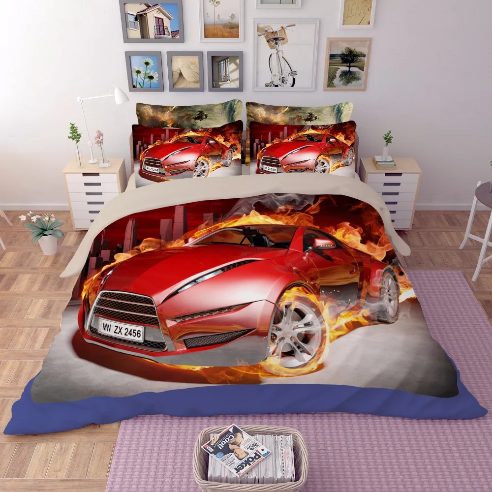 

3D Red Race Car Bedding Set full Queen King Size 100% Polyester Modern Textiles Quilt cover Duvet Cover 3PCS Pillowcase