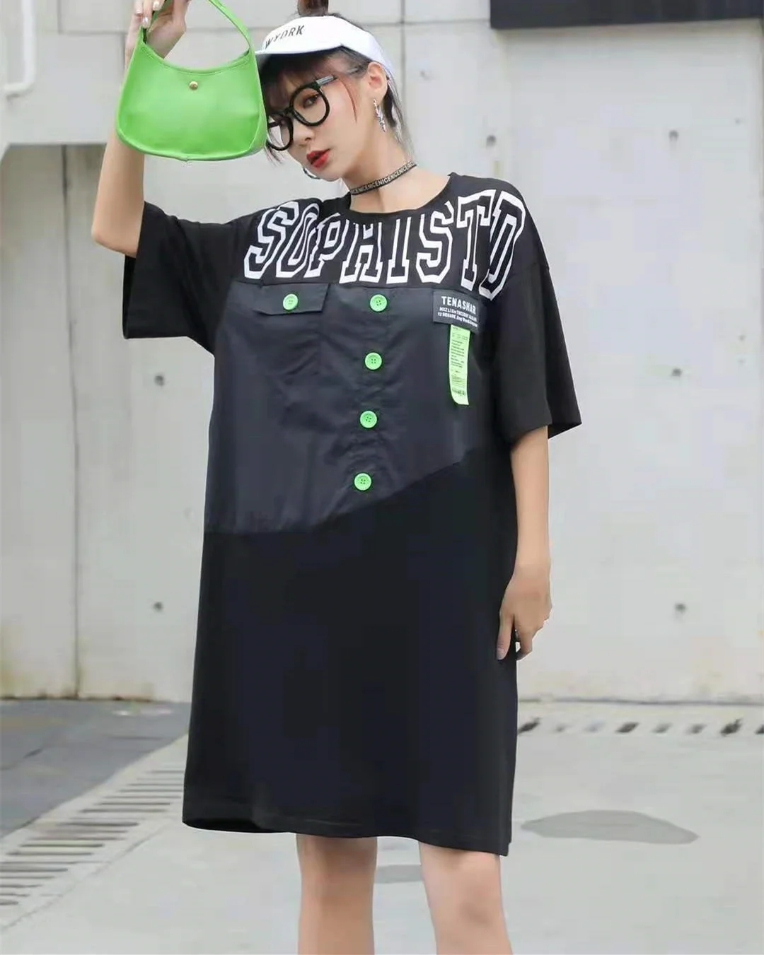 

Vefadisa Fashion Summer Patchwork Women Dress 2021 Letter Print Female Dress Casual Short Sleeve T-shirt Dress Black QYF5811