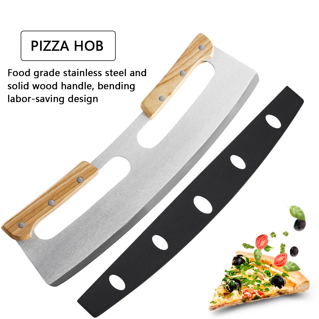 

Kitchen Double Handled Pizza Chopper Tools Stainless Steel Knife For Pizza Fruit Vegetable Rocker Slicer With Wooden Handle 1pcs