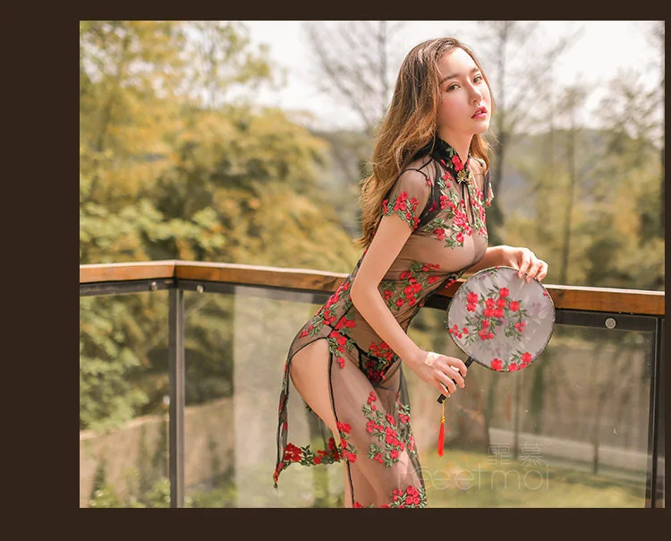 Мини китайское платье с разрезом Cheongsam Qi Pao нижнее белье женское вышитое платье-чанпао прозрачная сетчатая комбинация сексуальные горячие эротические вечерние платья