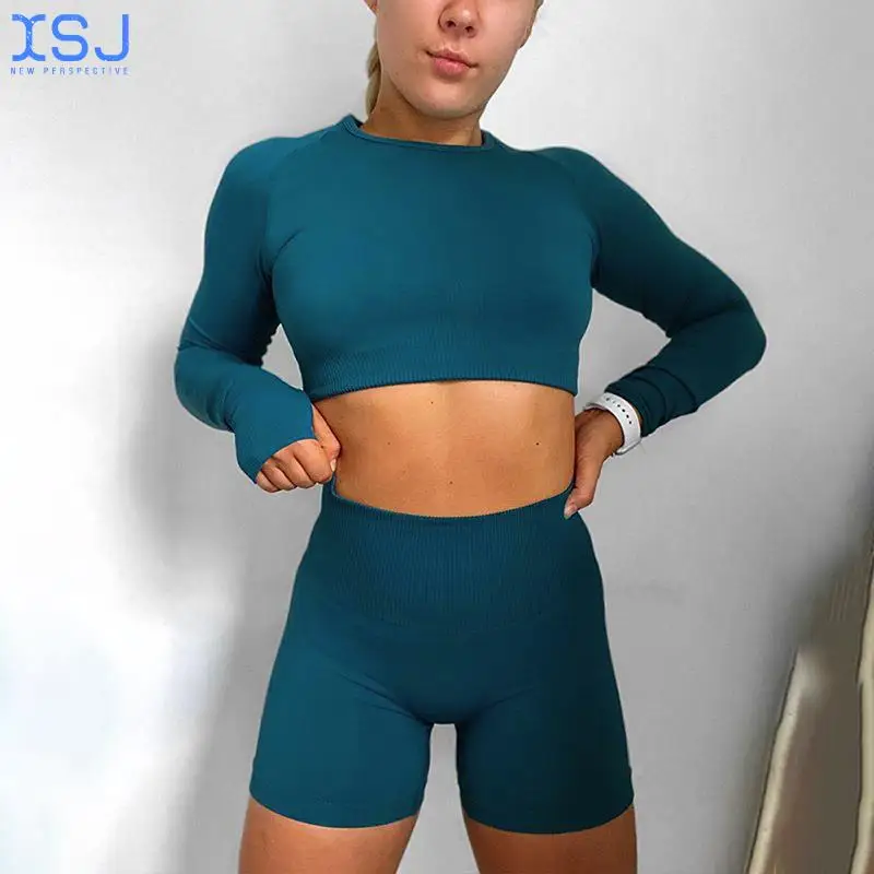 

Влагопоглощающие и впитывающие Пот спортивные шорты с коротким рукавом и застежкой брюшной линии бесшовная Женская Спортивная одежда для ...