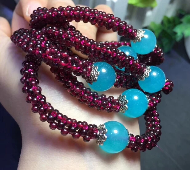 2 шт. натуральный винно красный гранат Плетеный мяч ручной браслет с халцедоном