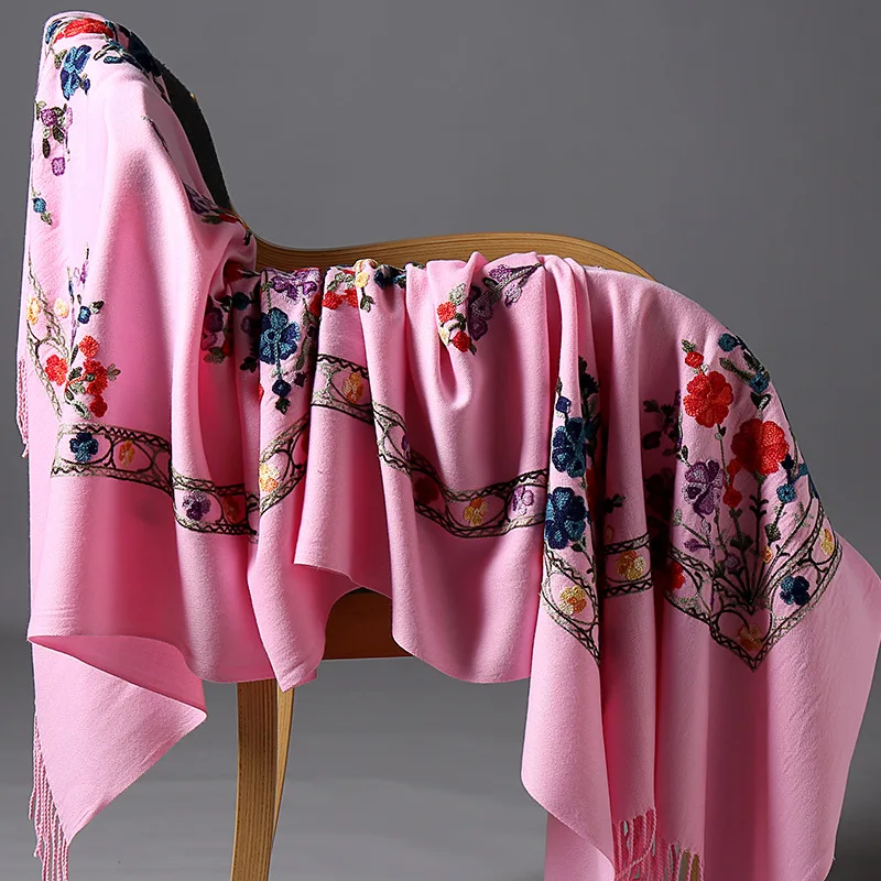 Oversized New Winter Warm Solid Scarf For Women/Lady Soft Cashmere Pashmina Shawls Flower Embroidery Female Wraps Capes | Аксессуары для