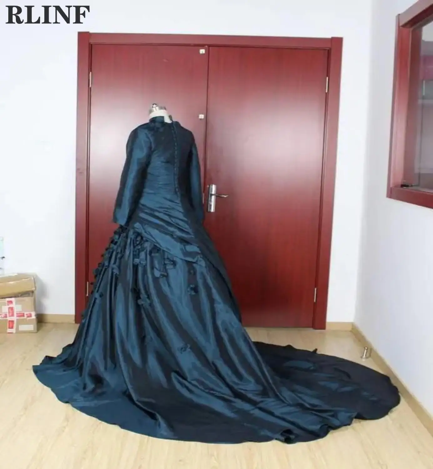 

Lake Blue Hand Flower High Neck Long Sleeves A Line Floor Length Mother of the Bridal Custom Formal Evening Dress