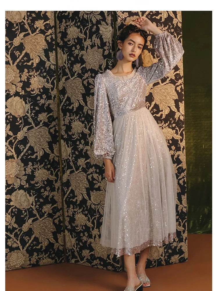 

Весна, оригинальный дизайн, осень, новинка, женские элегантные тонкие блестящие бархатные сетчатые платья принцессы с блестками, длинные пл...