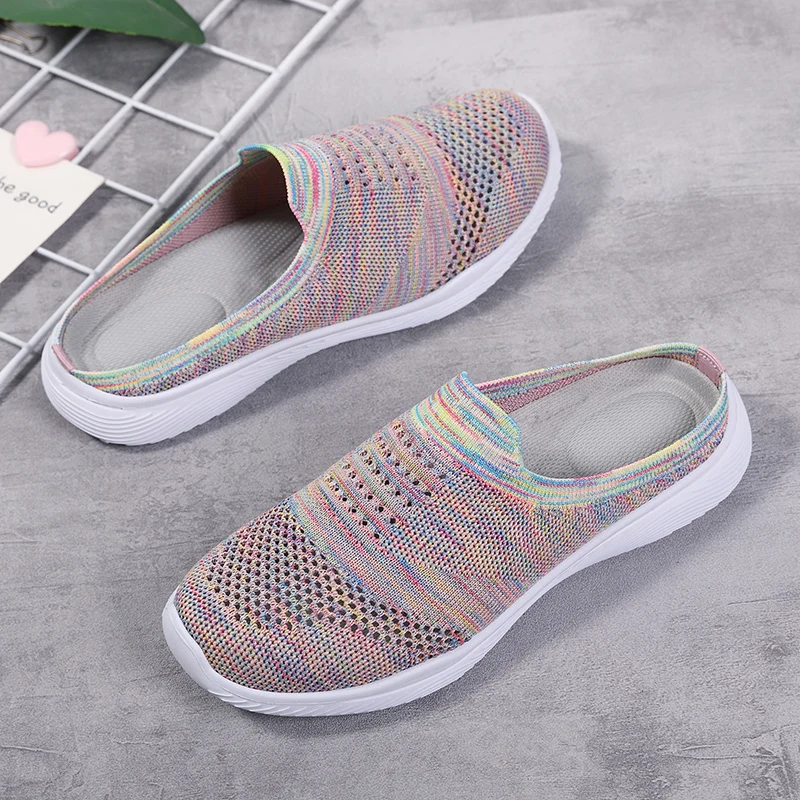 

Colorful Flying Woven Women Slippers Mesh Breathable Female Slippers Casual Flat-Bottomed Comfortable Ladies Slippers