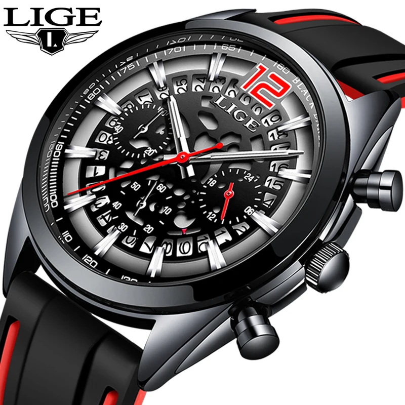 LIGE мужские спортивные часы лучший бренд роскошный силиконовый ремешок кварцевые