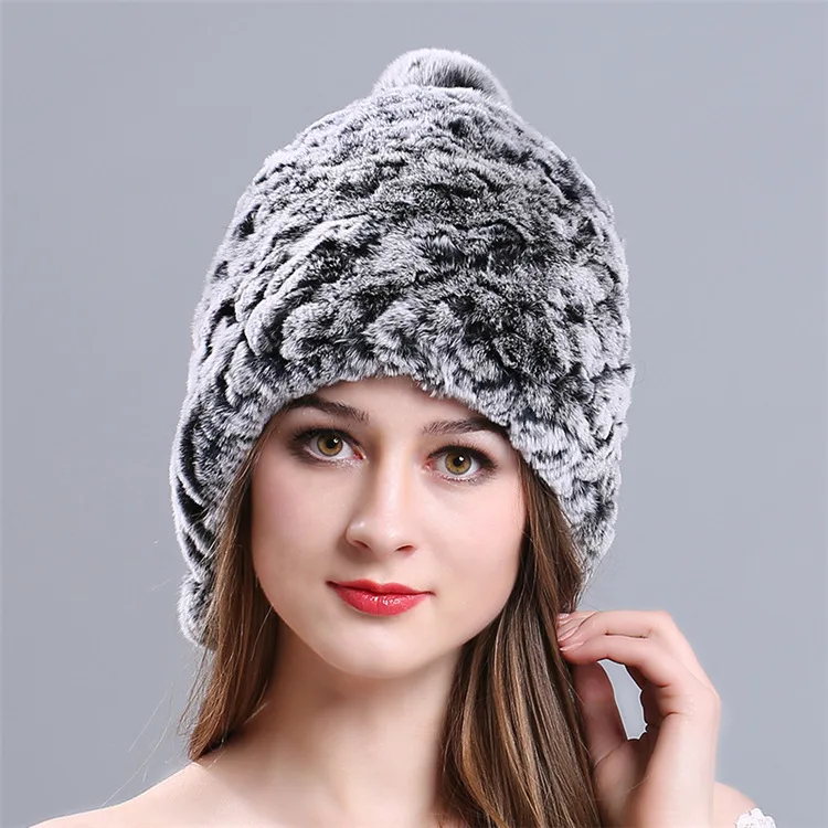 Новинка натуральная женская вязаная шапка из кроличьего меха с помпонами ручной