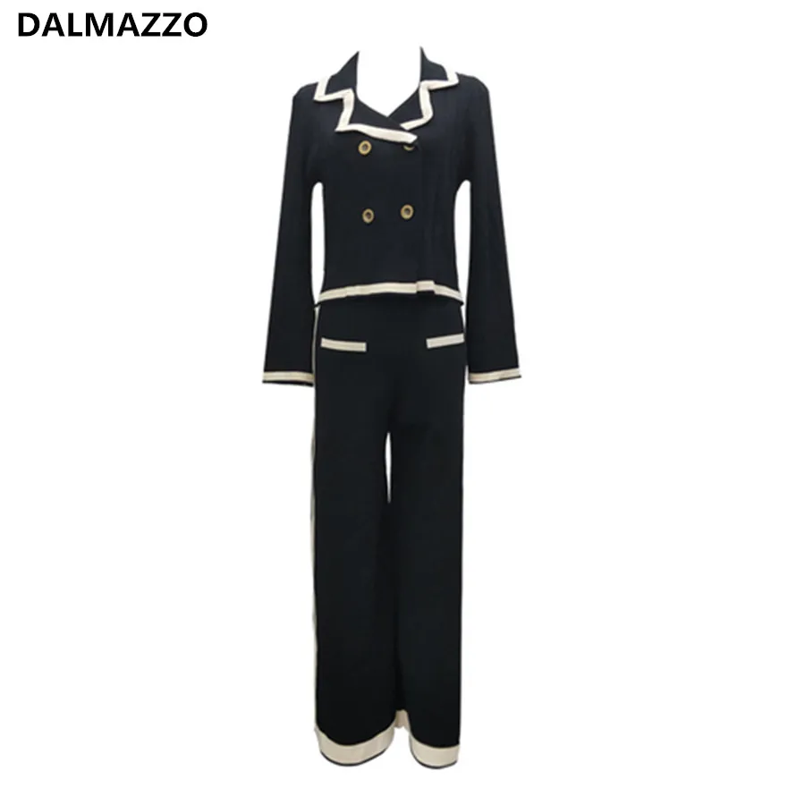 Модный женский трикотажный костюм двубортный Топы + широкие штаны комплект из 2