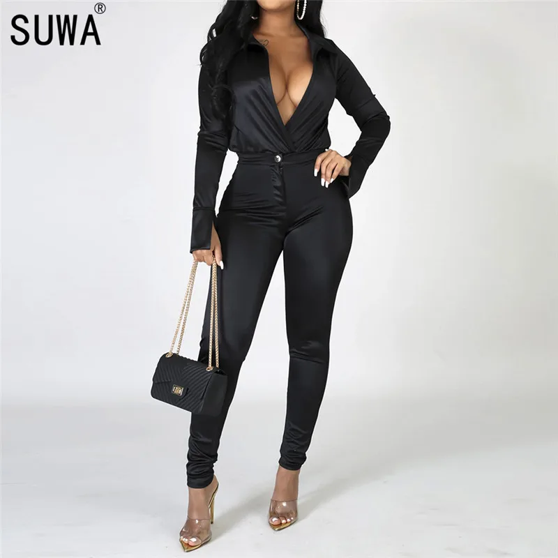 Новый стиль гладкие и блестящие женские комбинезоны сексуальные в стиле high street с