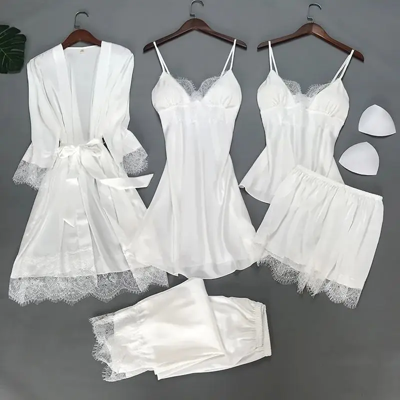 

Satin Kimono Gown Women Pajamas Set Sexy Sleepwear With Lace 5 Pieces Pyjamas Lounge Wear Soft Nightwear Lounge Wear Lingerie
