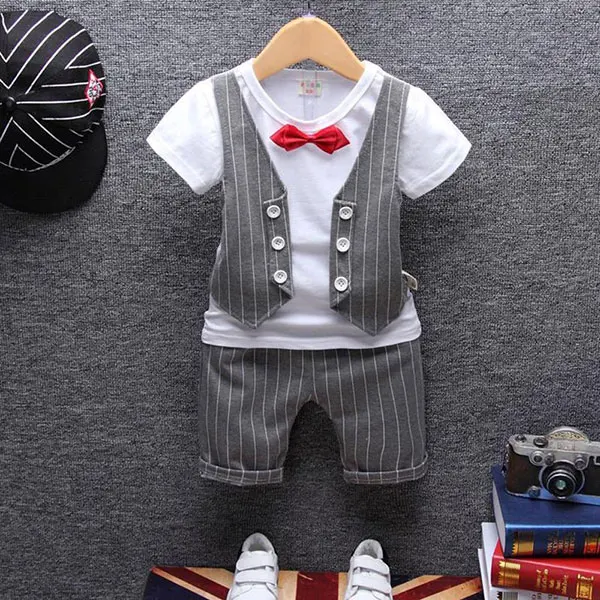Gray baby set Официальная одежда для маленьких мальчиков, топ в полоску для дня рождения и свадьбы+ шорты, комплект летней одежды для новорожденных мальчиков, комплекты верхней одежды - Цвет: Gray baby set