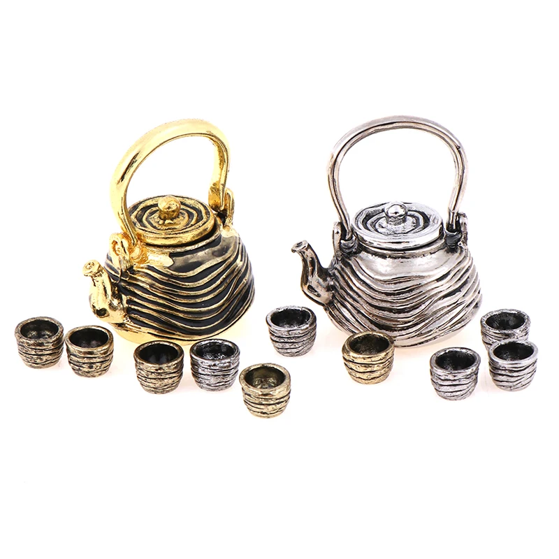 

6pcs/Set(1 teapot with lid+5Cups)1: 12 Dollhouse Furniture Miniature Dining Ware Toy Metal Tea Set Teapot Cup Plate