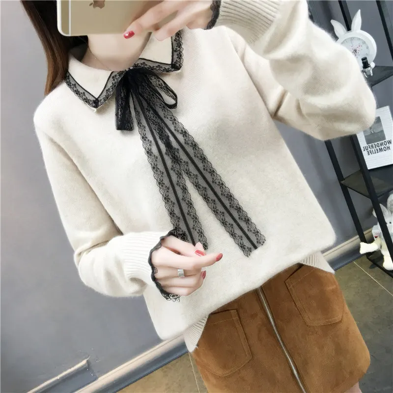 

Sweater Women For Spring 2020 Bow Lace Loose Sweater Women Pullover Pink Sweet Ladies Sweaters Winter Long Sleeve Knit Sweater