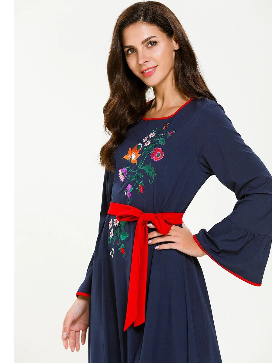 

2020 Spring Autumn Women Long Dress Embroidery Floral Ankle-Length Navy Dress O-Neck Clothing Robe Kaftan Moroccan 7647