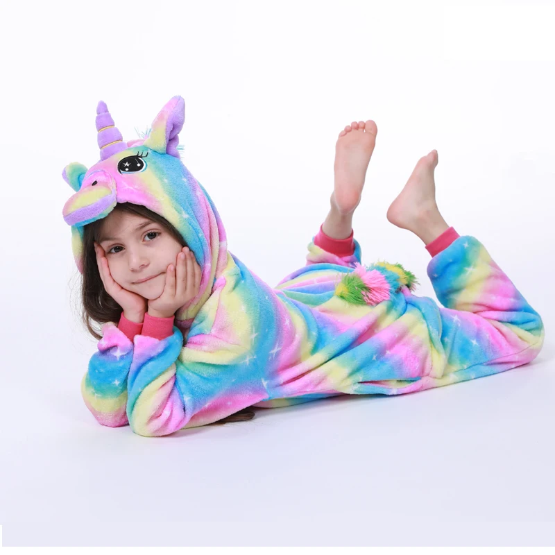 Rainbow Star Unicorn Пижама детская кигуруми для детей кингуруми Костюм для детей; Пижама с единорогом; зимняя одежда для мальчиков и девочек; комбинезон с животными; детская одежда для сна; теплый фланелевый комбинезон - Цвет: Rainbow Star Unicorn