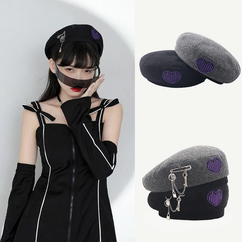 

Beret Hats Woolen Made Color Optional with Embroidered Heart Decoration for Girls Students in Japanese Style
