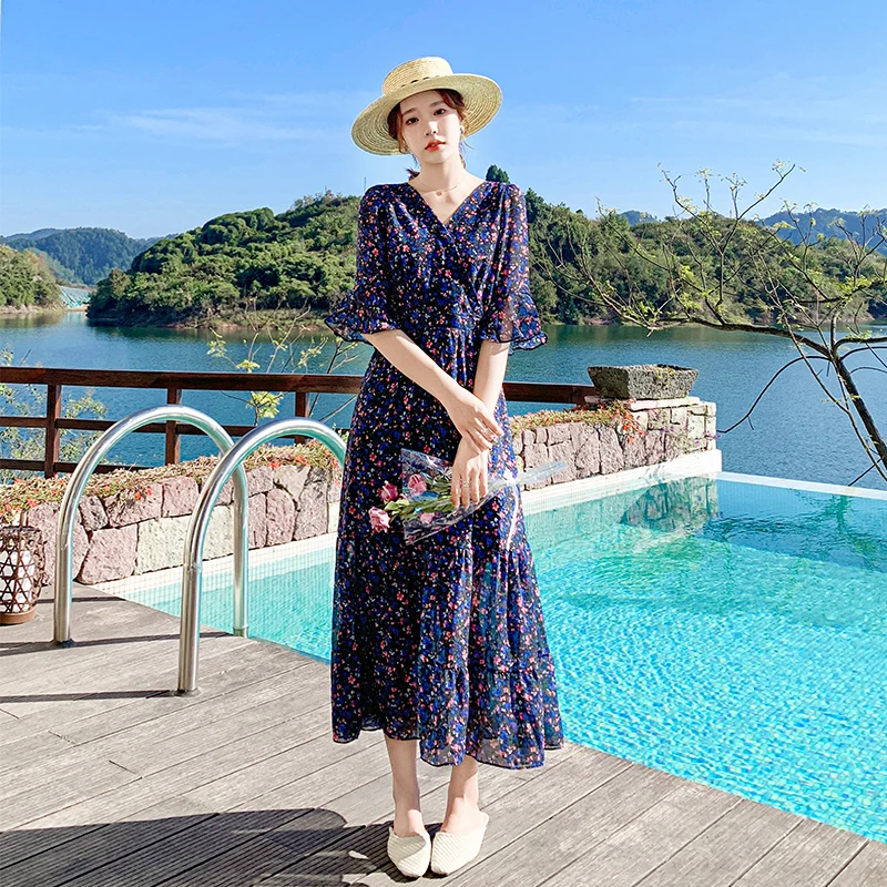 

Korea Boho Floral Prints Chiffon Maxi Dress Women V-Neck High Waist Holiday Casual Beach Wear Elegant Party Vestidos 2021 Summer