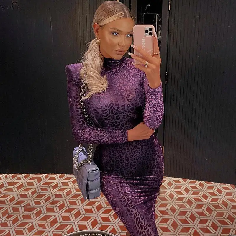

Korean Leopard Jacquard Women Long Sleeve Midi Dresses High Neck Shoulder Pad Bodycon Sexy Streetwear Party Dresses 2021 Winter