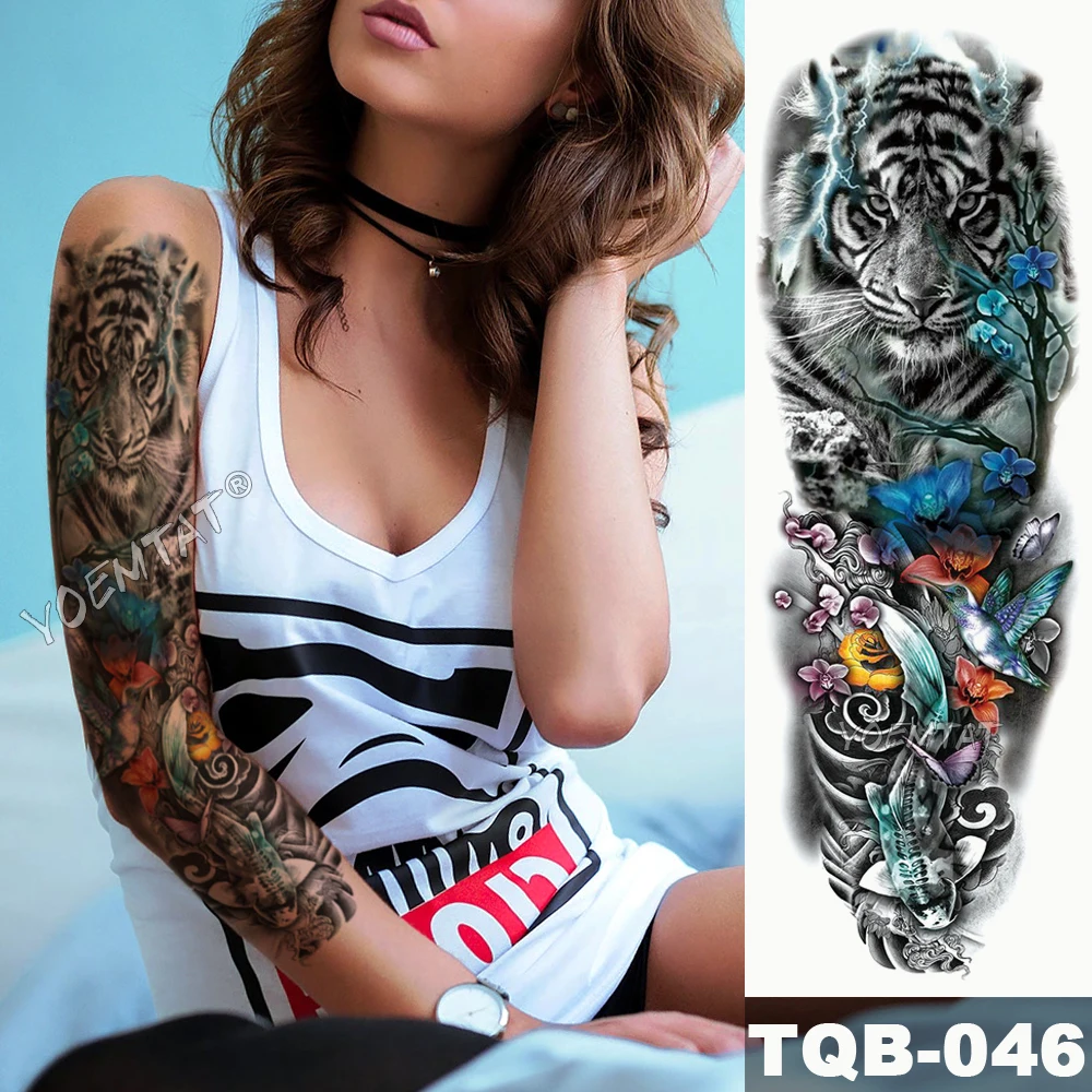 Large Arm Sleeve Tattoo Pink Cyan Eyes Angel Waterproof Temporary Sticker Rose Wings Sun Men Full Skull Tatoo Women | Красота и