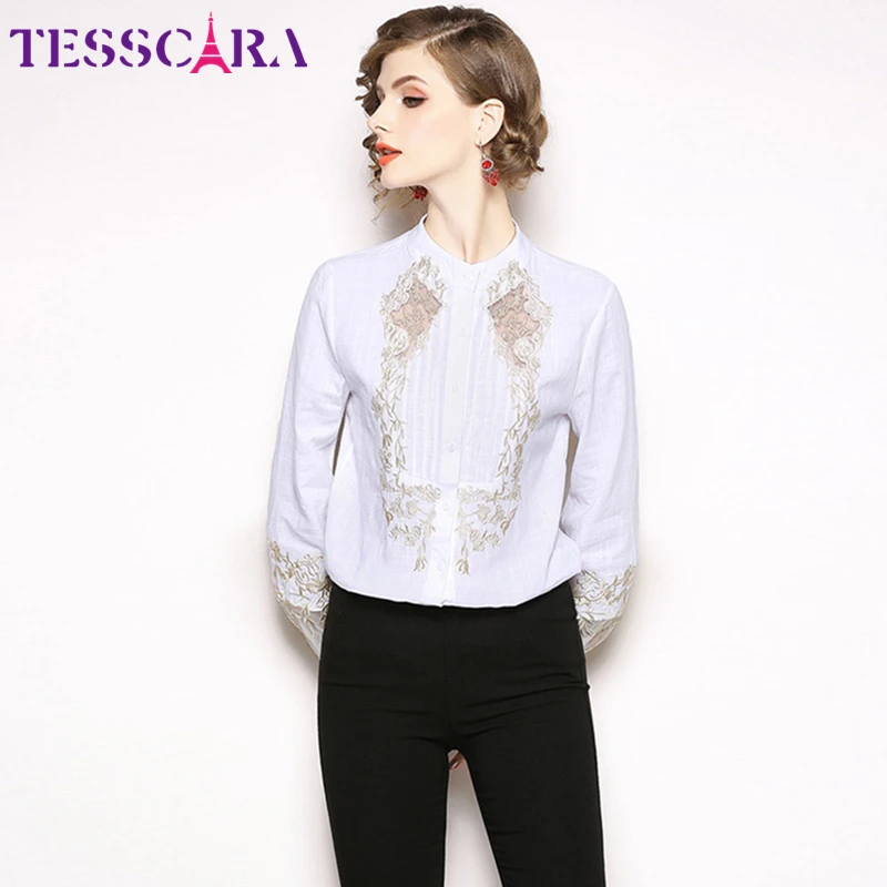 TESSCARA, женская элегантная офисная блузка с вышивкой, рубашка, Женский винтажный дизайнерский хлопковый топ, кимоно, сорочка, Женские топы и блузки