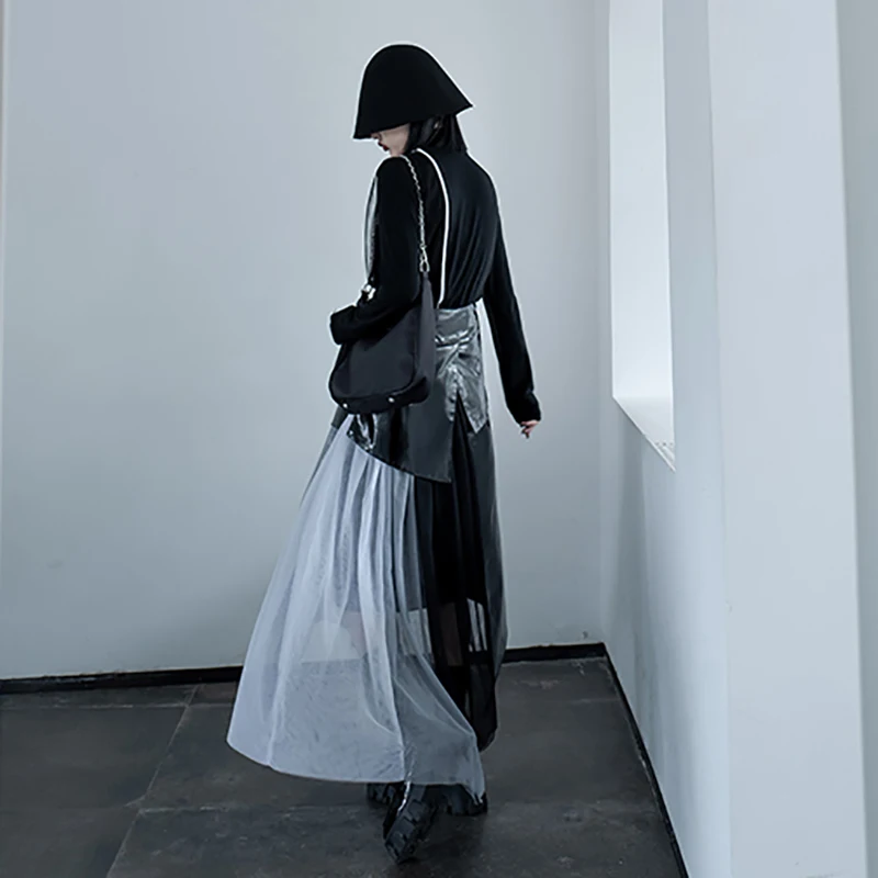 

Elastic Waist High Irregular Pu Leather Spliced Mesh Half-body Skirt Women Fashion Tide New Spring Autumn 2021 1DD1600