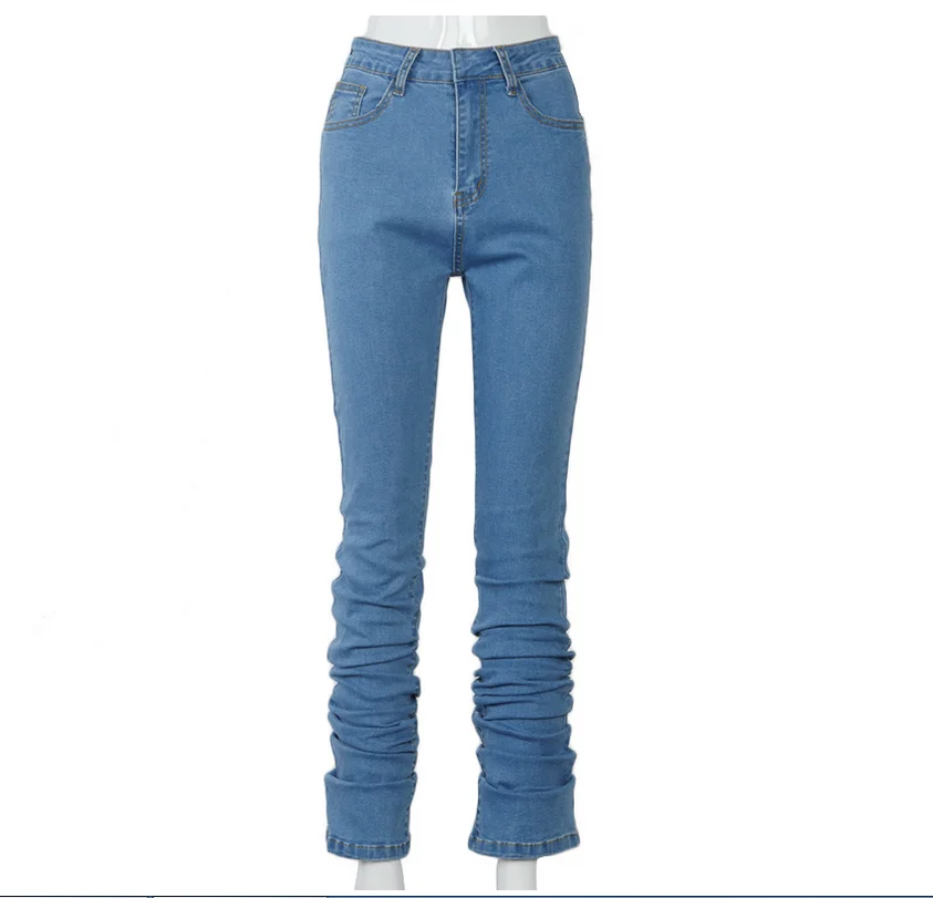 

hirigin Ruched Denim Blue High Wait Stacked Pants Autumn 2021 Women Clothing Streetwear Jeans Fashion Skinny Pockets Trousers