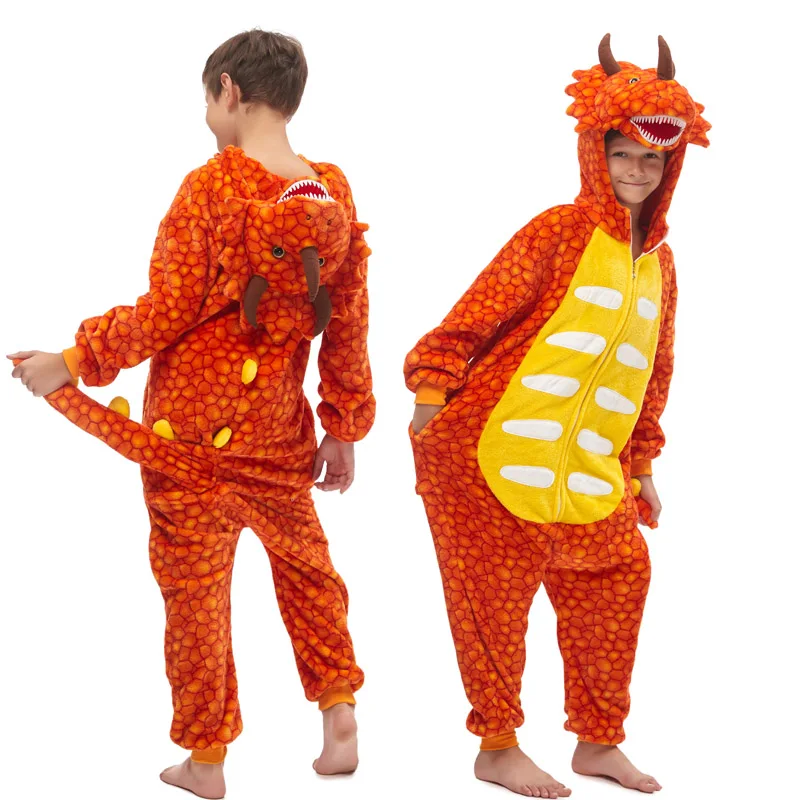 Orange Dinosaur 20 NEW kids kigurumi animal dinosaur unicorn pajamas set winter hooded soft Stitch Christmas sleepwear kids girls boys jumpsuit - Цвет: Orange Dinosaur