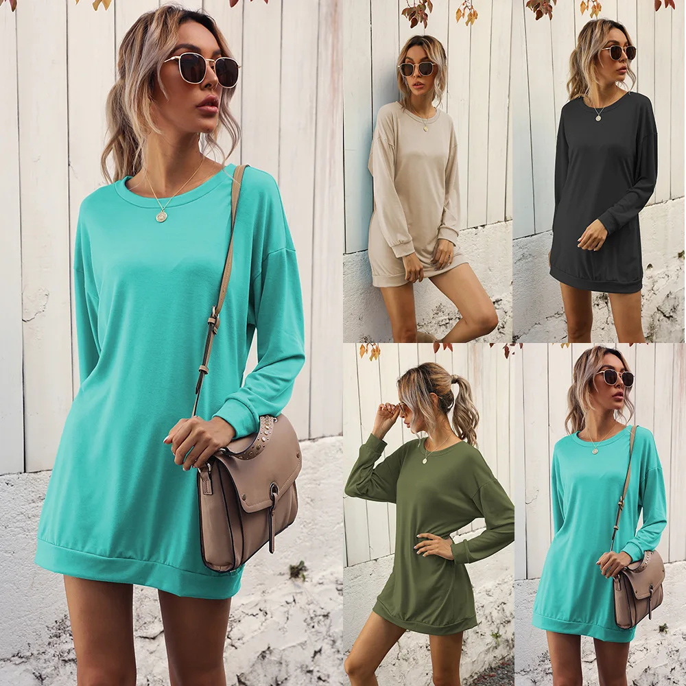 

SLPBELY Women's Dress Ladies Spring Autumn Solid Color Fashion Casual Long Sleeve Shirt Dress Midi Dress Vestido Plus Size