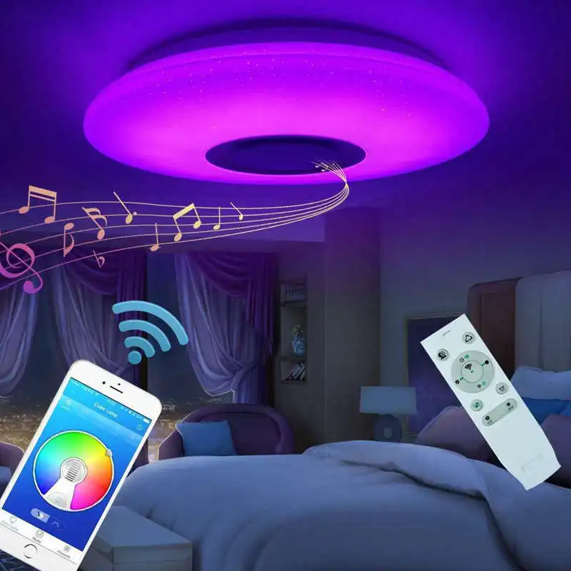 

Promotion! 60W Rgb Flush Mount Round Starlight Music Led Ceiling Light Lamp With Bluetooth Speaker, Dimmable Color Changing Ligh